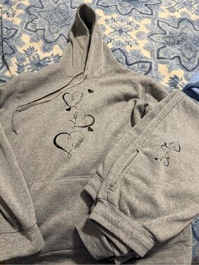 Gray Graphic Heart Hoodie and Sweatpants Set